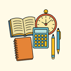 Educational and Office Supplies Flat Illustration featuring Calculator, Clock, Books, and Stationery
