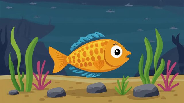 Cartoon gold fish with spots swims in a seabed with plants and rocks