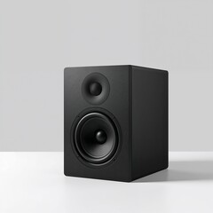 Obraz premium Black speaker on white table grey background