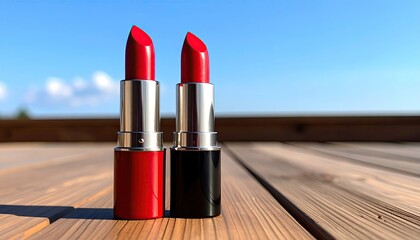 Two red lipsticks stand on a wooden surface against a bright blue sky