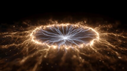 An energetic ring of glowing electric plasma arcs radiates outwards from a bright central core against a dark ethereal background