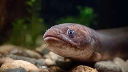 A detailed close up of an eel s head showing its clear eye and smooth skin resting on riverbed stones underwater