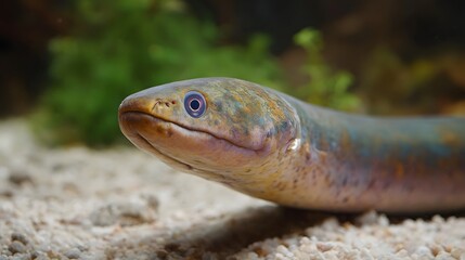 Fototapeta premium A close up of a slender colorful eel with striking blue eyes underwater