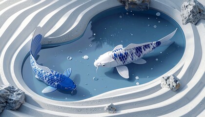 Two koi fish swimming in circular white stone pond with blue water