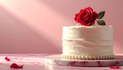 White frosted cake with red rose on marble stand against pink background