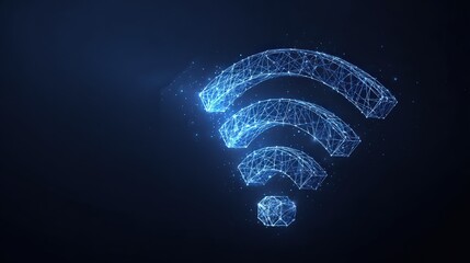 A captivating low-poly artistic rendition of a WiFi symbol glows vibrantly in an empty dark digital landscape. ..Created with Generative AI, not depicting real subjects.
