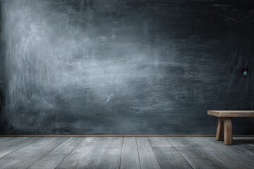 Blank wide screen real chalkboard with rustic wooden floor, perfect for educational content, creative presentations, and brainstorming sessions in a classroom or seminar setting
