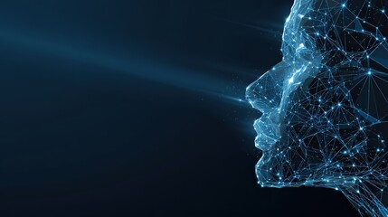 A futuristic digital human face with interconnected lines glows against a dark backdrop. ..Created with Generative AI, not depicting real subjects.