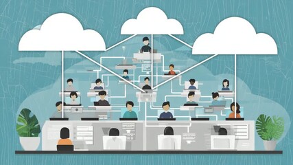 Collaborative workspace design illustrating remote teams working together in clouds and connecting through technology at various times of the day - Powered by Adobe