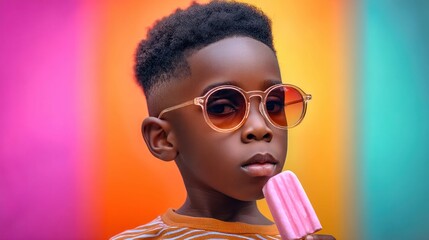 A young, stylish black boy enjoys a popsicle while wearing cool sunglasses against a colorful backdrop.