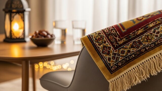 Cozy ramadan setting with a prayer rug dd over a chair, dates in a bowl, and a lit lantern on a wooden table.