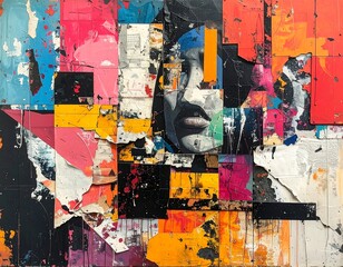 Fototapeta premium A fragmented abstract piece showcasing a face amidst colorful, torn paper. The composition is a mix of vibrant hues and textures