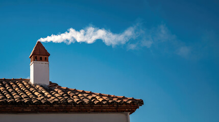 White smoke rises from the chimney concept. Chimney releasing smoke against a clear blue sky.