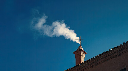 White smoke rises from the chimney concept. Chimney with smoke against a clear blue sky.