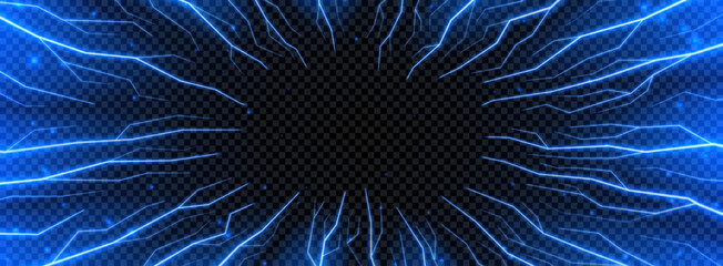 Dynamic bright flickering lightning effect. Glowing thunderstorm, stormy weather, electric discharge burst from center on dark background. Vector illustration.