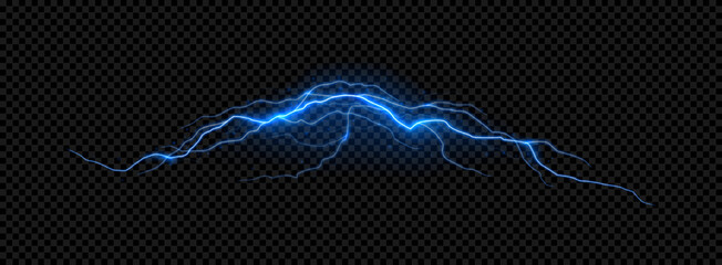 Bright glowing lightning effect template. Realistic effect of bright electric discharge of blue lightning. Vector electric energy thunderstorm.