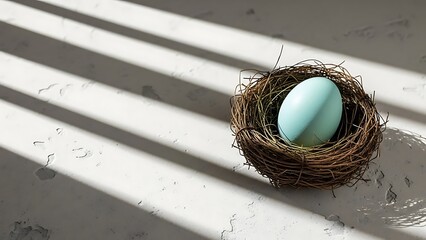 Minimalist Easter Egg in Bird's Nest with Soft Shadows - Serene Spring Holiday Concept