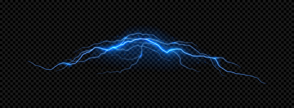 Bright glowing lightning effect template. Realistic effect of bright electric discharge of blue lightning. Vector electric energy thunderstorm.