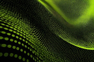 Dynamic abstract composition featuring halftone dots and curves in a vibrant green palette against a dark background