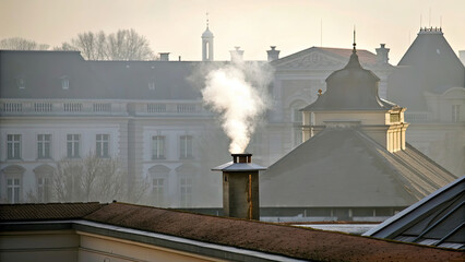 White smoke rises from the chimney concept. Smoke rises from a chimney atop a city building during winter.