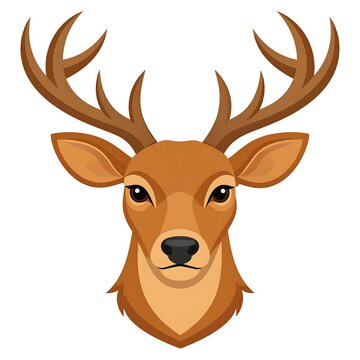 A frontal illustration of a deer head with a symmetrical design, featuring large antlers and detailed facial features