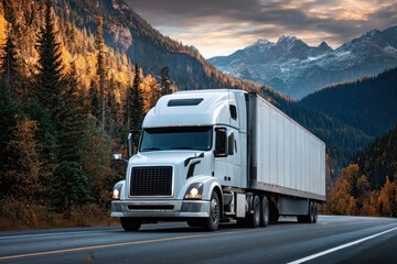 Large transportation truck driving along a mountain highway surrounded by autumn foliage and snow-capped peaks during sunset
