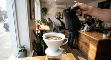 Barista Pouring Hot Water into V60 Dripper in a Bright Modern Cafe