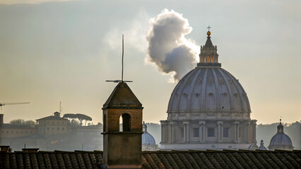 White smoke rises from the chimney concept. Stunning view of a historic dome against a smoky backdrop.