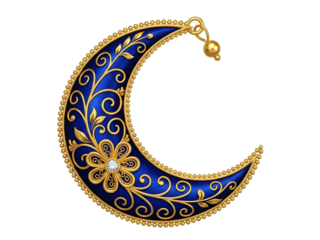 Blue and Gold Ornamental Crescent Moon Pendant. Luxury Islamic Ramadan Symbol Isolated.