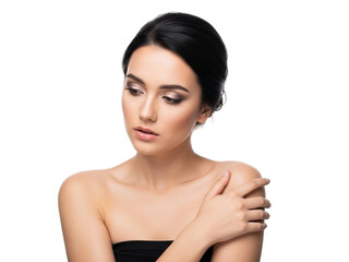 Woman with hands on shoulder isolated on transparent background