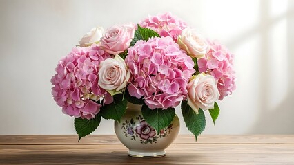 Elegant Hydrangea and Rose Floral Still Life - Beautiful Spring Bloom Arrangement
