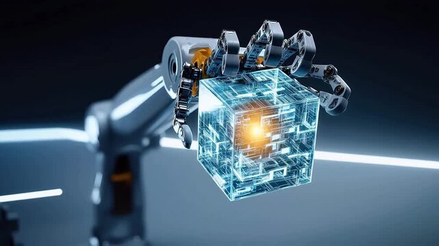 Robot arm holding digital cube