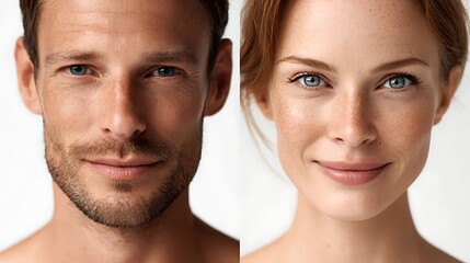 Detailed portrayal of skin, pores, freckles, and natural imperfections. Uses soft lighting and light makeup. Suitable for skincare, cosmeceutical, and skin health advertising.