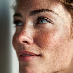 Obraz premium Detailed portrayal of skin, pores, freckles, and natural imperfections. Uses soft lighting and light makeup. Suitable for skincare, cosmeceutical, and skin health advertising.