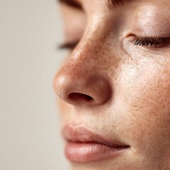 Detailed portrayal of skin, pores, freckles, and natural imperfections. Uses soft lighting and light makeup. Suitable for skincare, cosmeceutical, and skin health advertising.