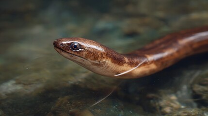 Fototapeta premium Close up of a brown serpentine creature with a distinct eye partially submerged and swimming in murky water