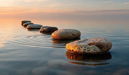 Stepping stones across calm water ripple under a warm sunset