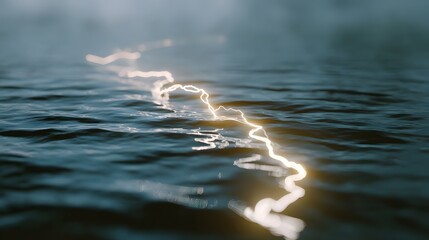 Naklejka premium A dramatic jagged lightning bolt strikes across the dark rippling surface of the ocean illuminating the water with an intense electric glow