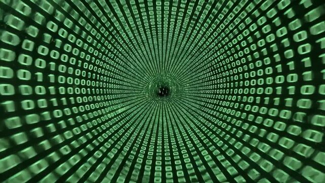 Green binary code tunnel representing digital data flow illustration