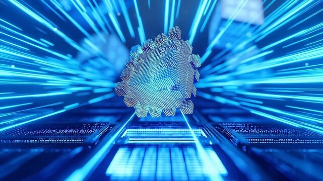 Blue digital cube on circuit board