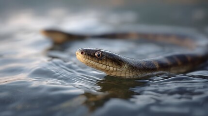 Fototapeta premium Close up of a brown striped water snake swimming gracefully in ripples of fresh water during soft morning light