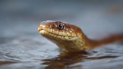 Obraz premium Detailed close up portrait of a brown snake s head emerging from the surface of rippling water its wet scales and alert eye are in focus