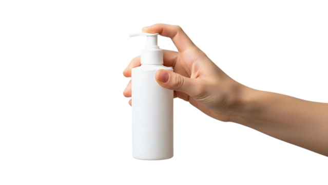 Hands holding a white spray bottle against a black and white striped background transparent background - Powered by Adobe