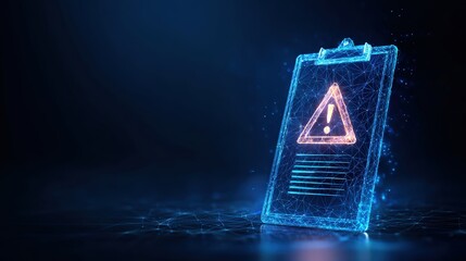 A digital clipboard with a warning symbol glows, representing risk and cyber security concerns. ..Created with Generative AI, not depicting real subjects.