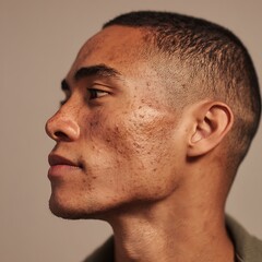 Obraz premium Detailed skin description, acne marks, and natural imperfections. Uses clean, soft lighting and light makeup. Suitable for skincare, cosmeceutical, and acne care advertising.