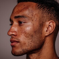 Obraz premium Detailed skin description, acne marks, and natural imperfections. Uses clean, soft lighting and light makeup. Suitable for skincare, cosmeceutical, and acne care advertising.