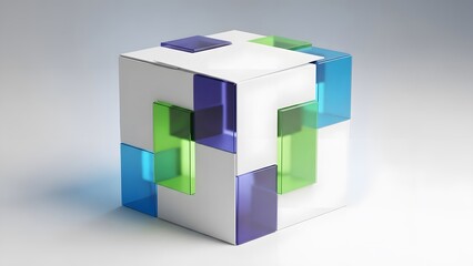 3d illustration of an open cardboard box concept featuring a green glass cube block design as a business symbol of blank packaging architecture