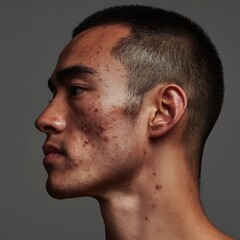 Obraz premium Detailed skin description, acne marks, and natural imperfections. Uses clean, soft lighting and light makeup. Suitable for skincare, cosmeceutical, and acne care advertising.