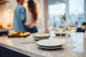Fototapeta premium Interracial couple cooking together in modern kitchen with plates and wine glasses on marble countertop, creating warm and inviting atmosphere