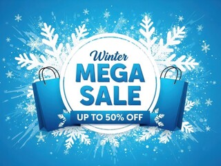 Winter mega sale up to 50 percent off on blue background with snowflakes and shopping bags
